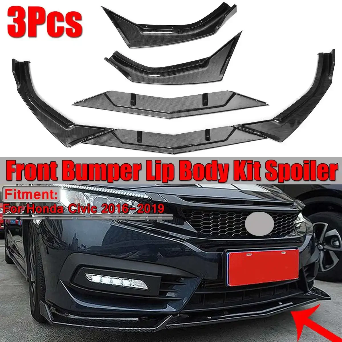 

Civic Front Lip 3Pcs Car Front Bumper Lip Splitter Lip Spoiler Diffuser Spoiler Cover Trim For Honda Civic 2016 2017 2018 2019