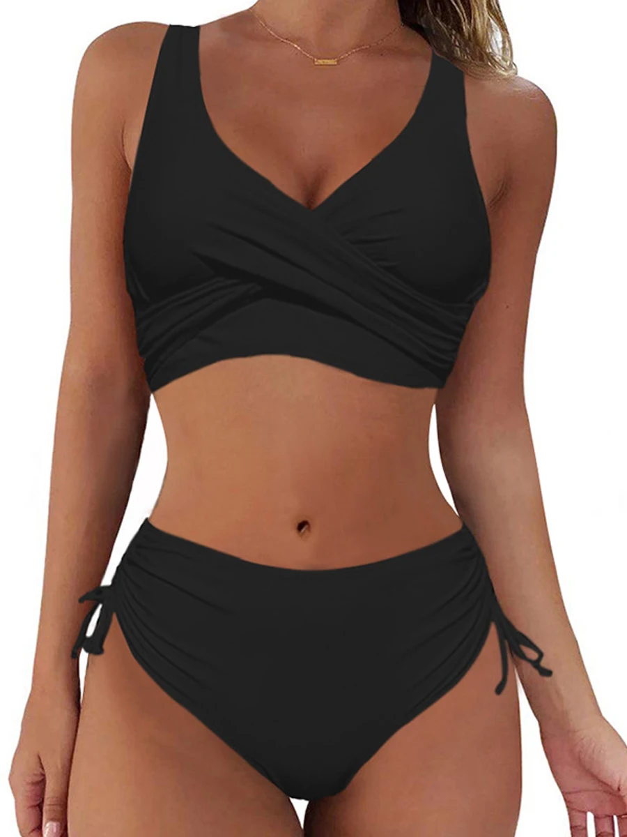 Sexy tie lado conjunto de biquíni feminino folha impressa e sólida banho feminino push up maiô cintura alta maiô verão beachwear