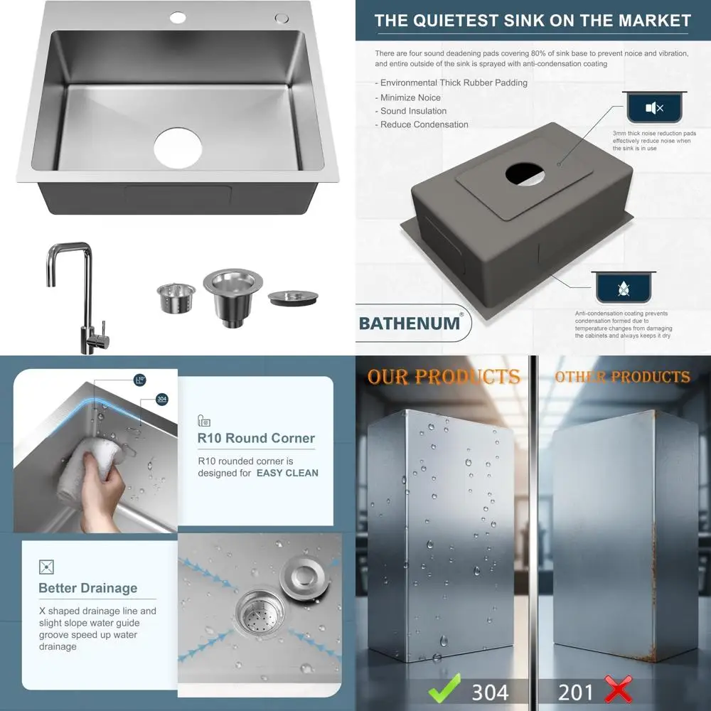 

Stainless Steel Single Bowl Kitchen Sink 24x18 with Drain Kit and Faucet, Durable Drop-in Design for Modern Kitchens