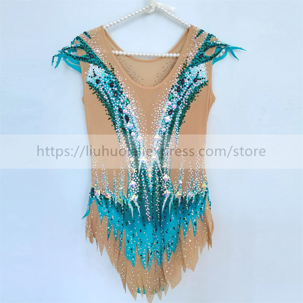 LIUHUO Women Girl Costume Performance Rhythmic Gymnastics Ballet Competition Leotard Ice Skating Dress Sleeveless Teen Blue Kids