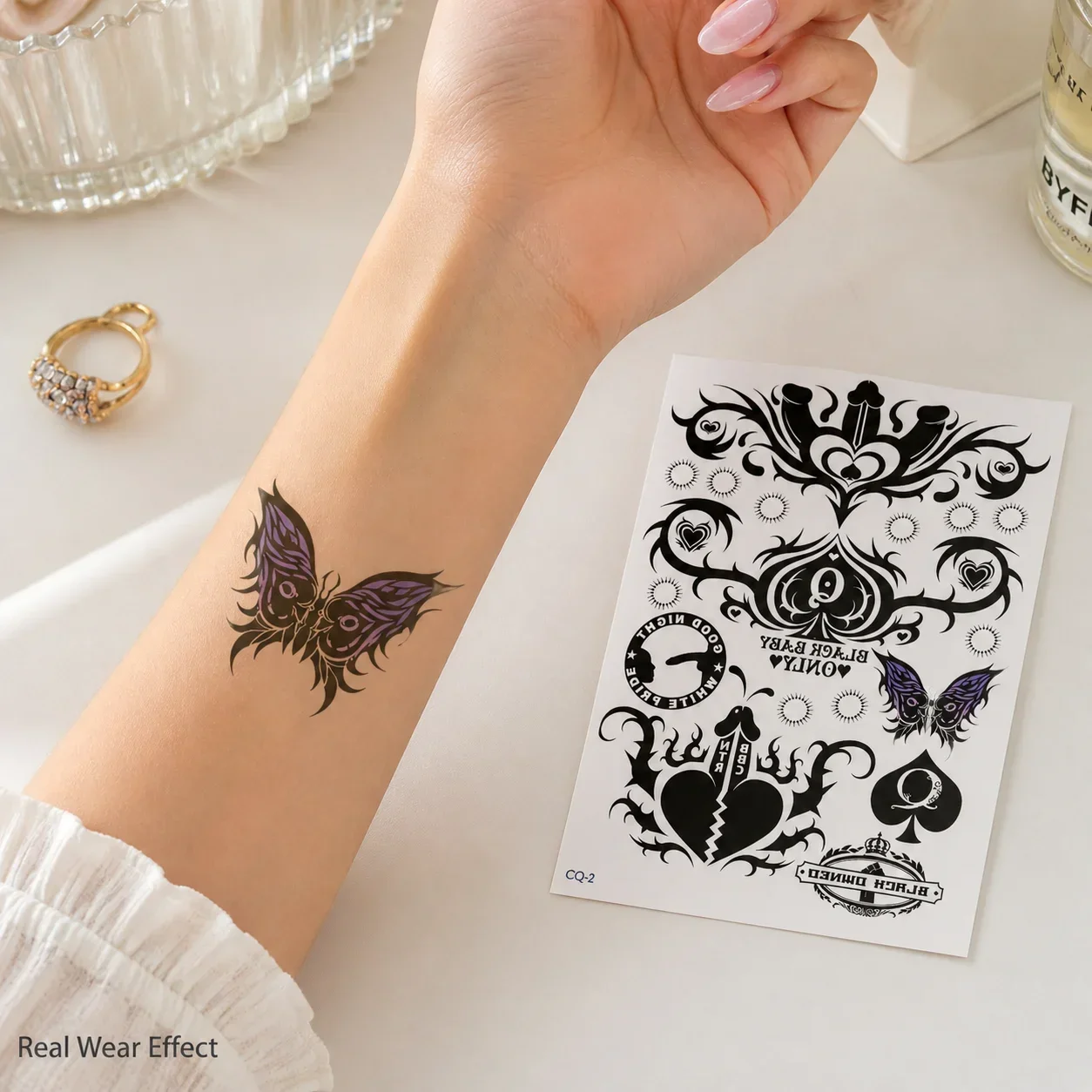 Black Spade Queen Butterfly Arm Temporary Tattoo Sticker Waterproof Fake Tattoo Body Art for Women
