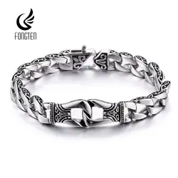 Fongten Patterned Stainless Steel Bracelet For Men Shiny Cuban Chain Waterproof Non Fading Charms Male Jewelry Couple Gifts