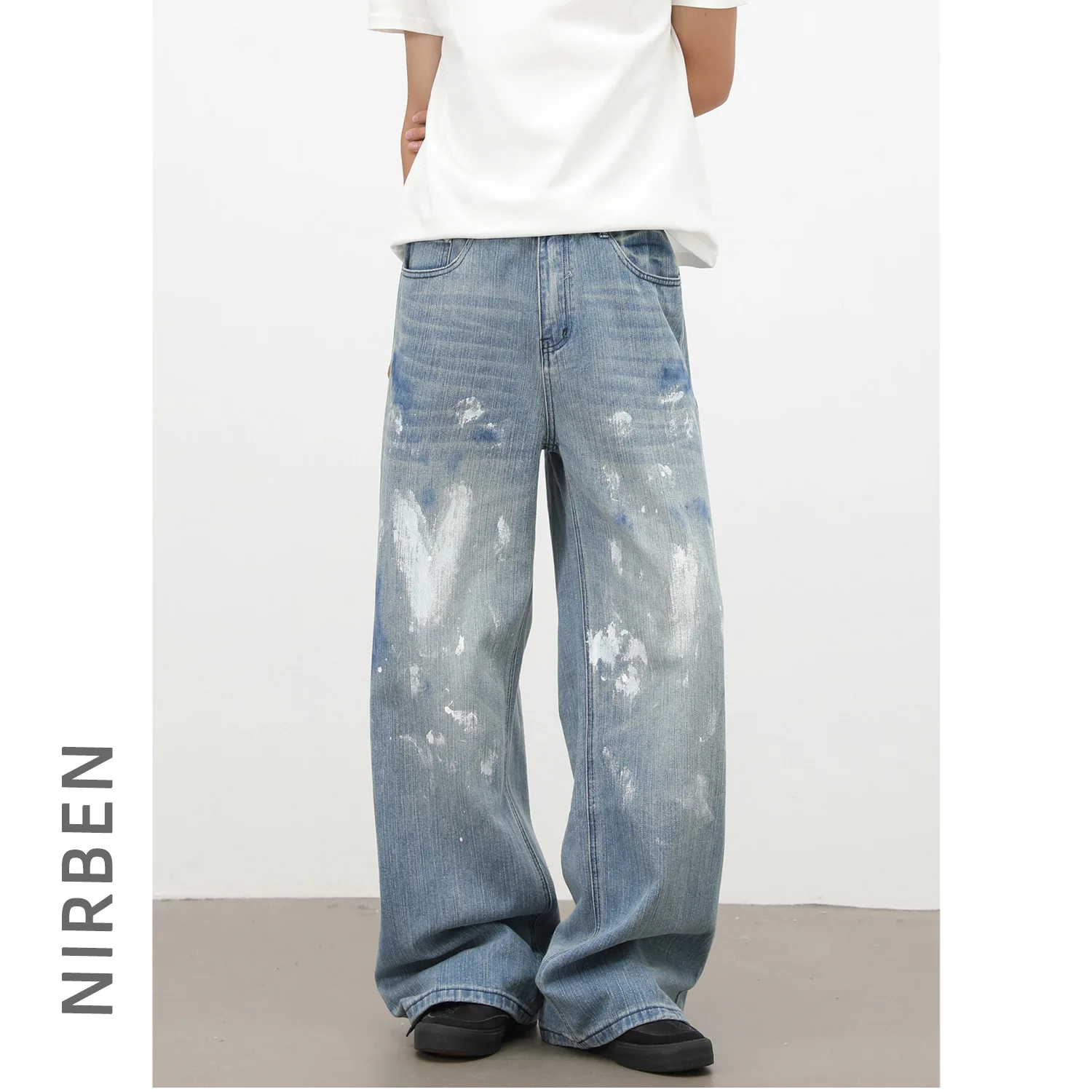 Denim American High Street Ink Splashing Jeans Men's Loose Straight Niche Retro Pants