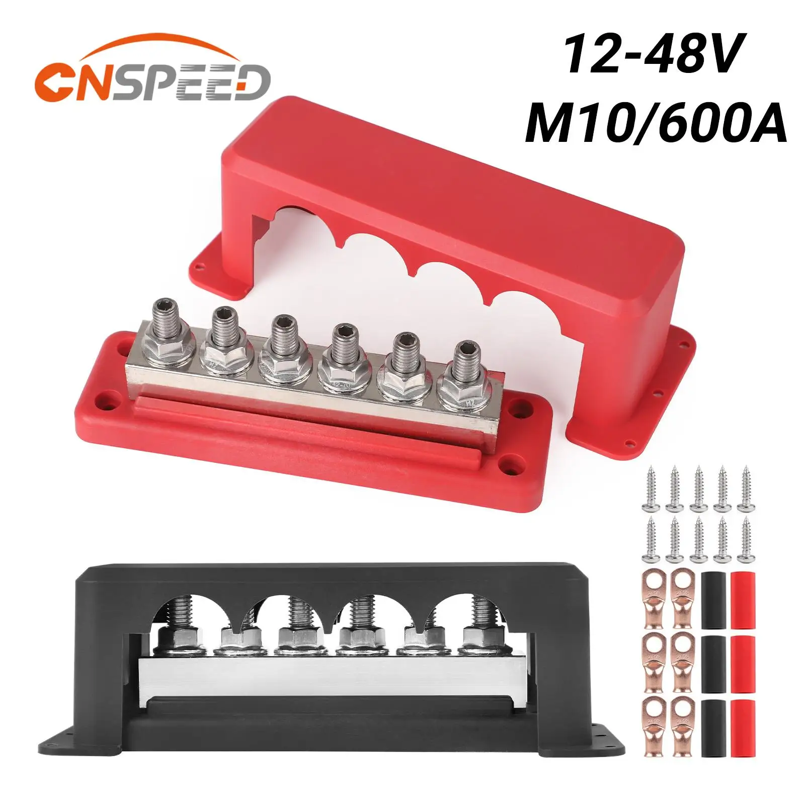 

New 600A 3/8" 6 Power Distribution Block Bus Bar with Cover Electrical Block For Marine Boat RVs Car With Copper Ring Terminals