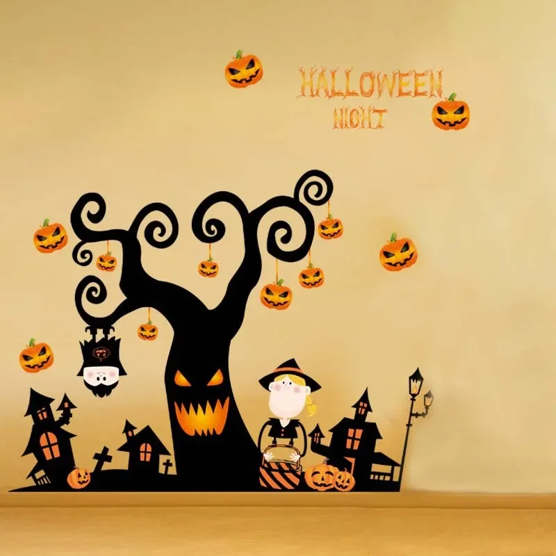 Autocollants muraux amovibles d'Halloween pour enfants, décorations effrayantes de citrouille pour fenêtres, décoration de fête, salon, chambre, fournitures de décoration intérieure