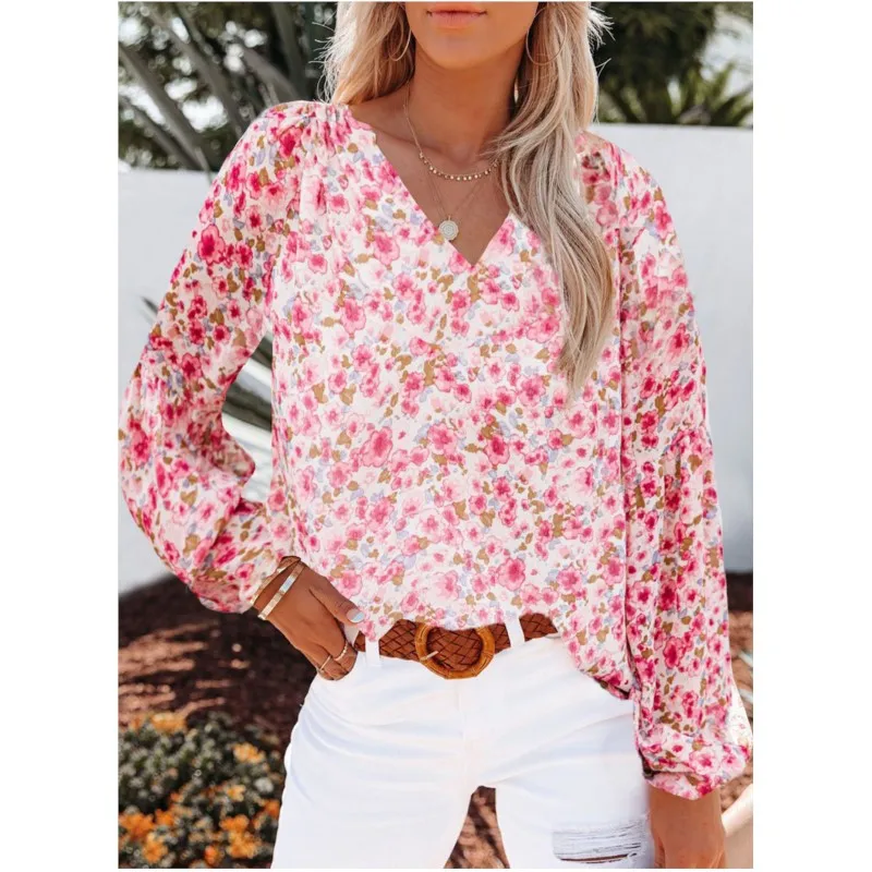 

Fashion Women's Shirts Elegant Long Sleeve Floral Print Office Lady Top Women's Casual V Neck Blouse Female Loose beach Clothing