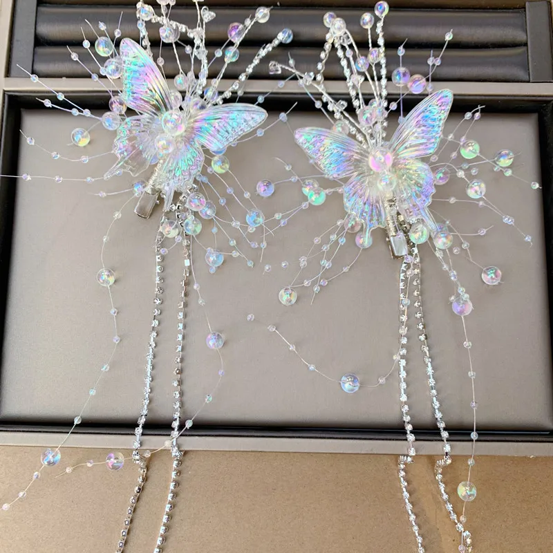 Bridal Headwear Fantasy Crystal Hairpin Butterfly Tassel Pair Hairpin Headwear