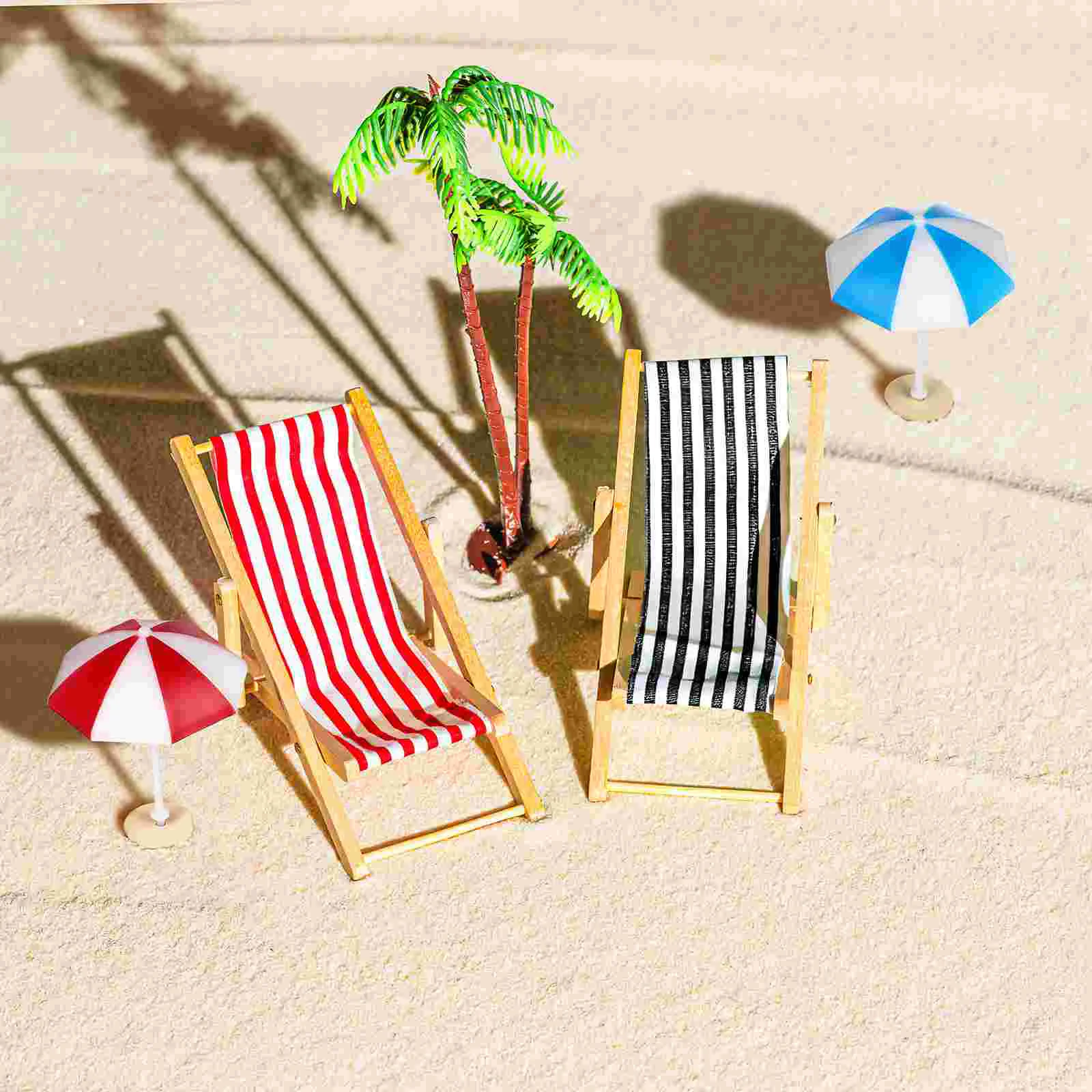 House Mini Beach Set Miniature Deckchairs Parasols Palm Trees Drinks Round Tea Table Micro Landscape Decor for Fairy Garden