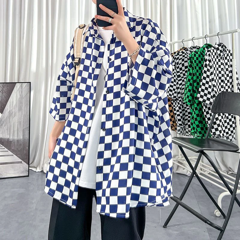 Checkerboard Plaid Short Sleeve Shirt Men Oversize Blouse Summer Black White Blue Fashion Japan Harajuku Hawaiian Beach Cardigan