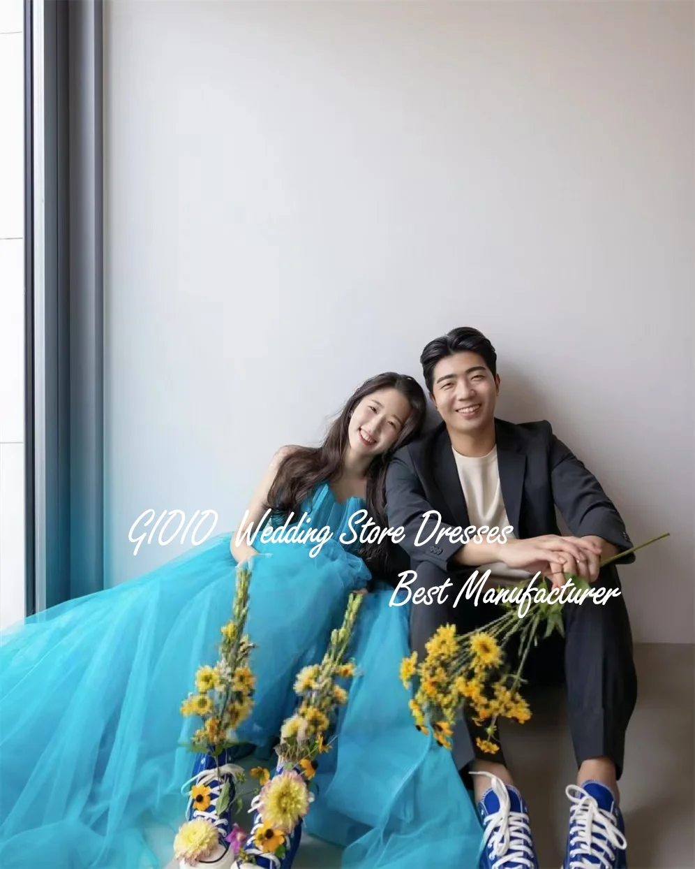 Gioio صدفي الكشكشة كوريا فساتين الزفاف الجنية الأزرق ألف خط فستان الحفلات المسائية صور تبادل لاطلاق النار مخصص مشد ثوب العروس