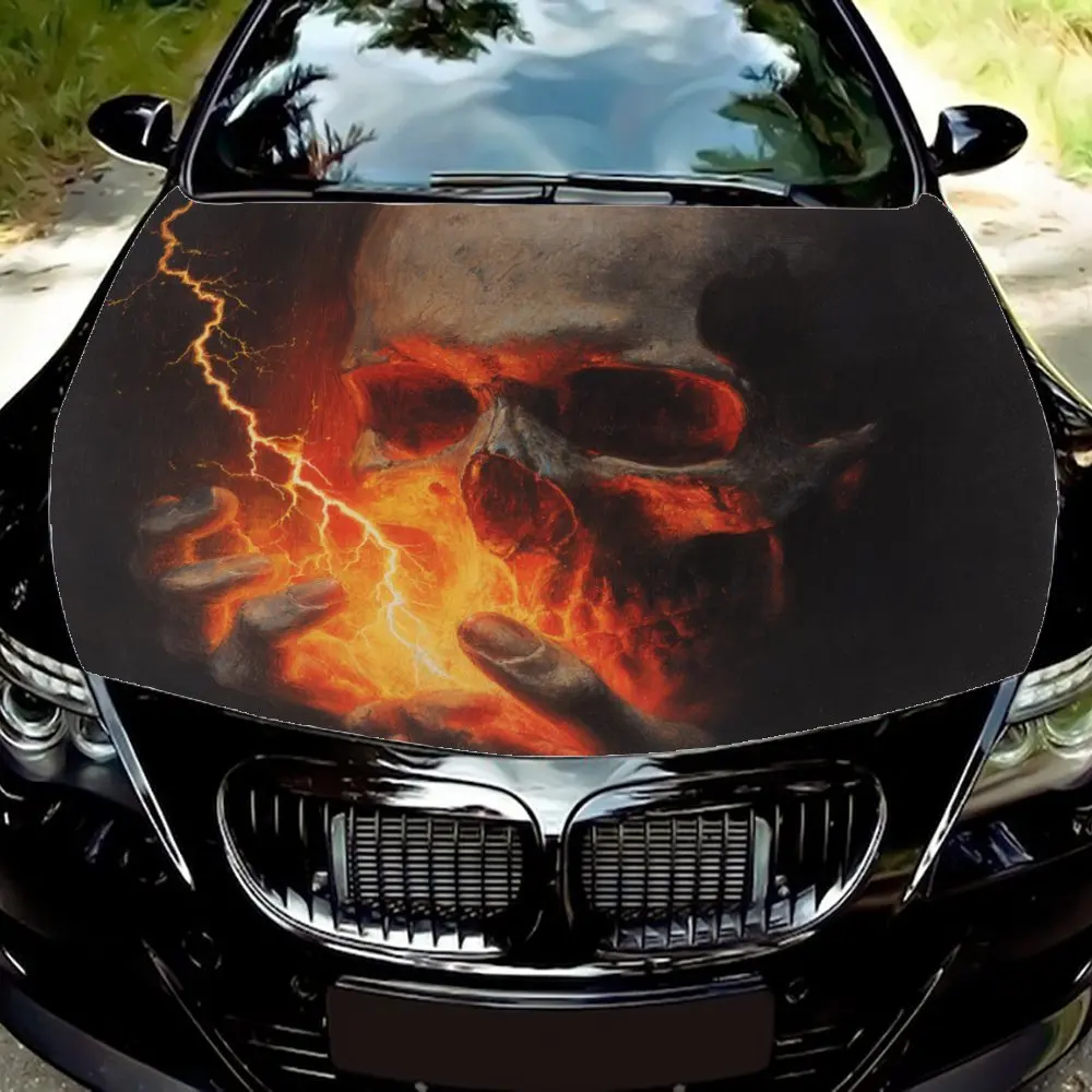 Lightning Flame Skeleton Pattern Car Hood Sticker Durable Vinyl Film Scratch Resistant Hood Protector Gift Self-adhesive Anti Ad