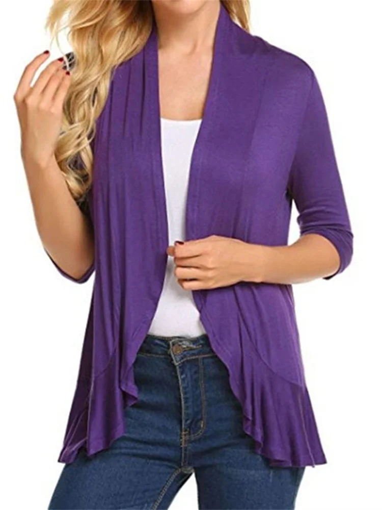 Dámský jarní podzimní kardigan, jednobarevný, 3/4 rukáv, volánový lem, kabáty, topy, ležérní saka, svrchní oblečení - náhled 5