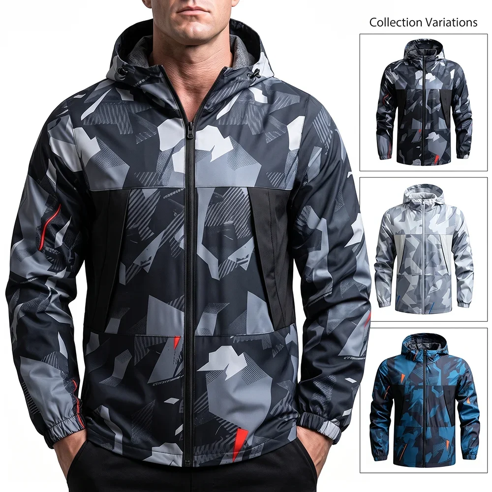 Men's Camo Hooded Jacket Lightweight Windproof Zip Up Outerwear Geometric Print Casual Sports Windbreaker Outdoor Hiking Coat