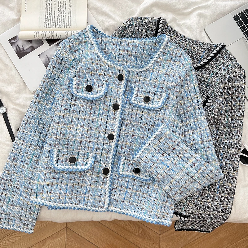 French Elegant Tweed Coat Round Neck Single Breasted Autumn Women's Coats Fashionable High Street Checkered Jacquard Jacket