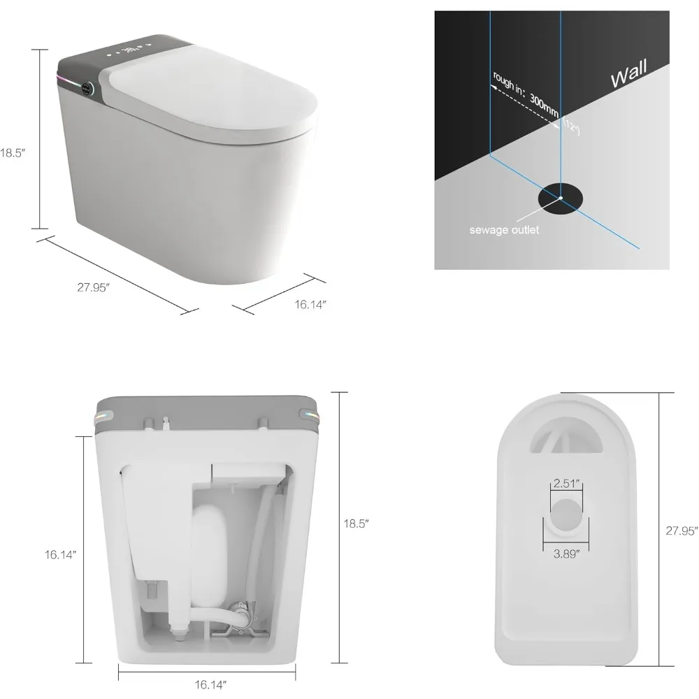 Smart Toilet with Bidet Built In, Bidet with Remote Control, Tankless with LED Display, Smart Bidet with