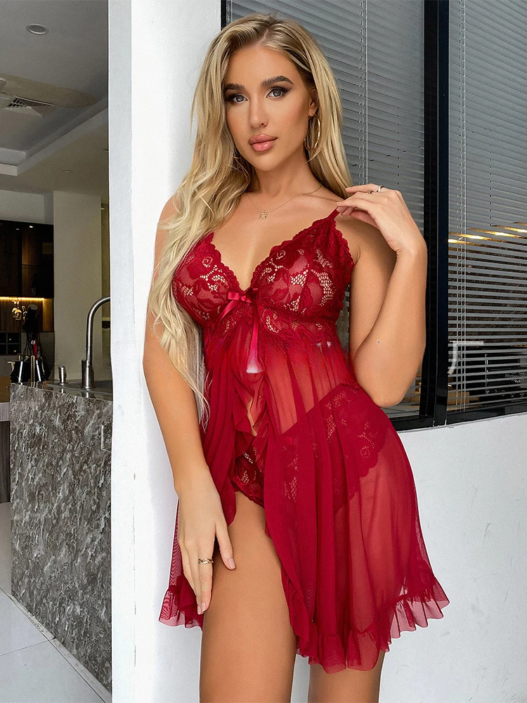 Contrast Lace Nightgown Deep V Backless Bow Slip Dress Women Sexy See-Through Slit Lace Pajama 2-Piece Set With Thong Party Club