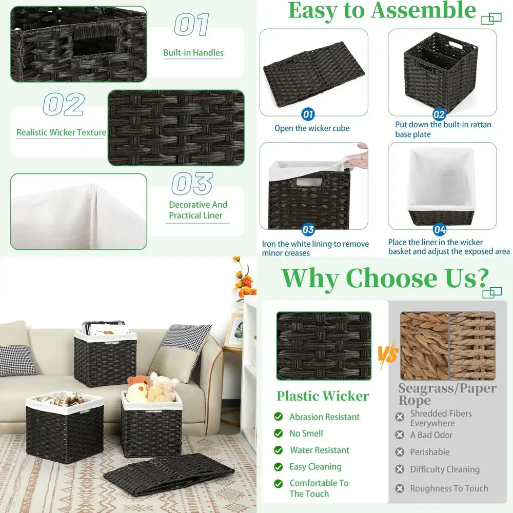 

Set of 4 Waterproof 11 Inch Wicker Cube Baskets for Storage and Organization in Pantry and Bedroom