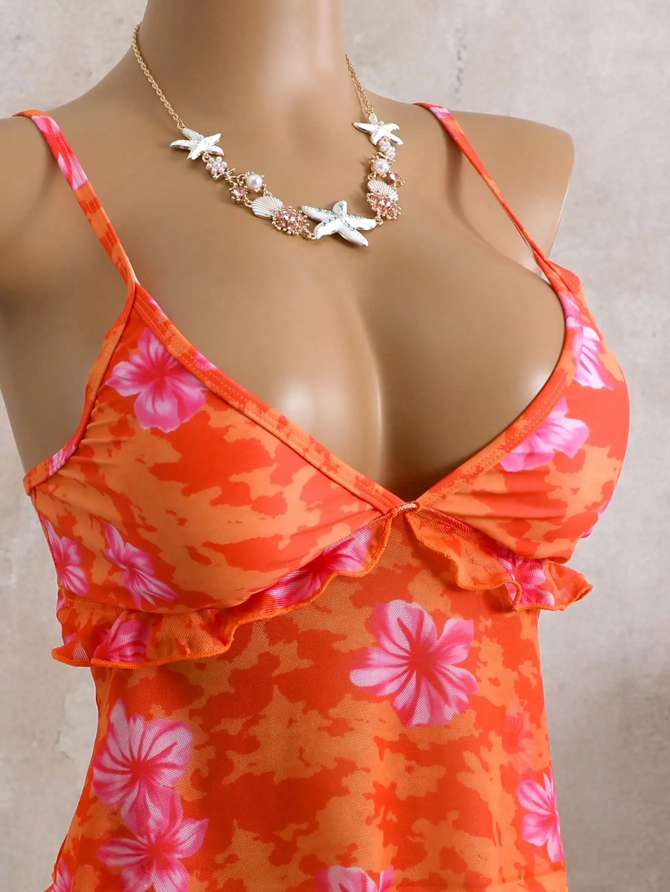 

Women's Orange Floral Print Ruffled Bikini Set For Beach Vacation Pool Party