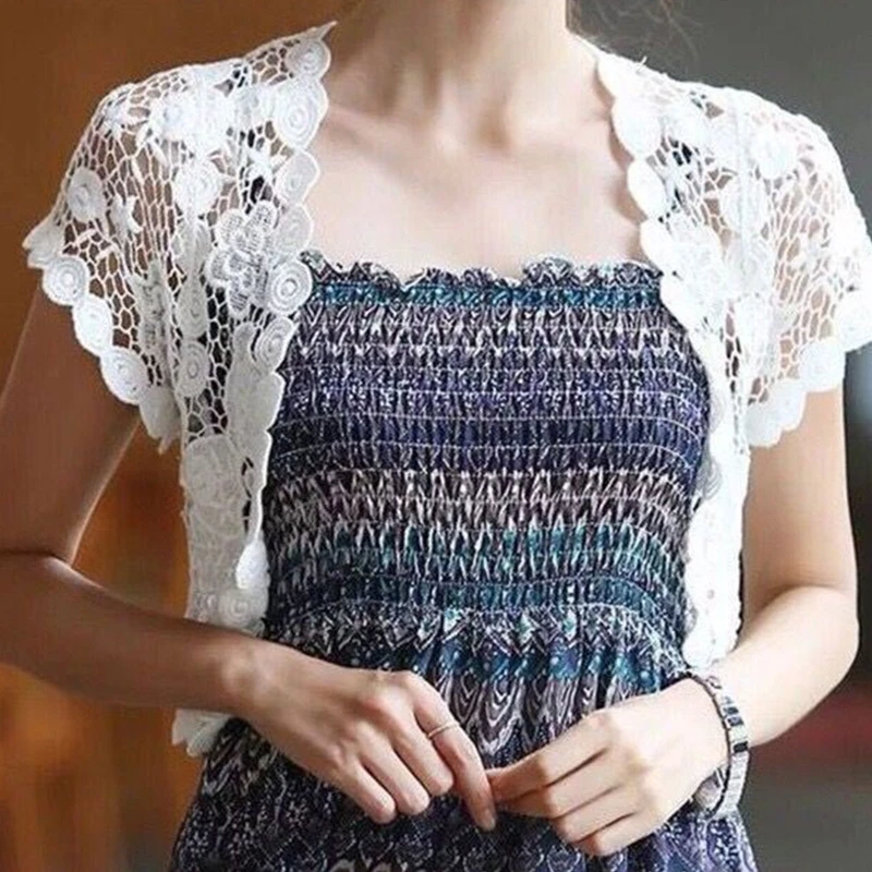 Women Short Sleeve Crochet Shrugs Hollow Out Flower Lace Open Front Cropped Cardigan Sunscreen Scalloped Bolero Jacket