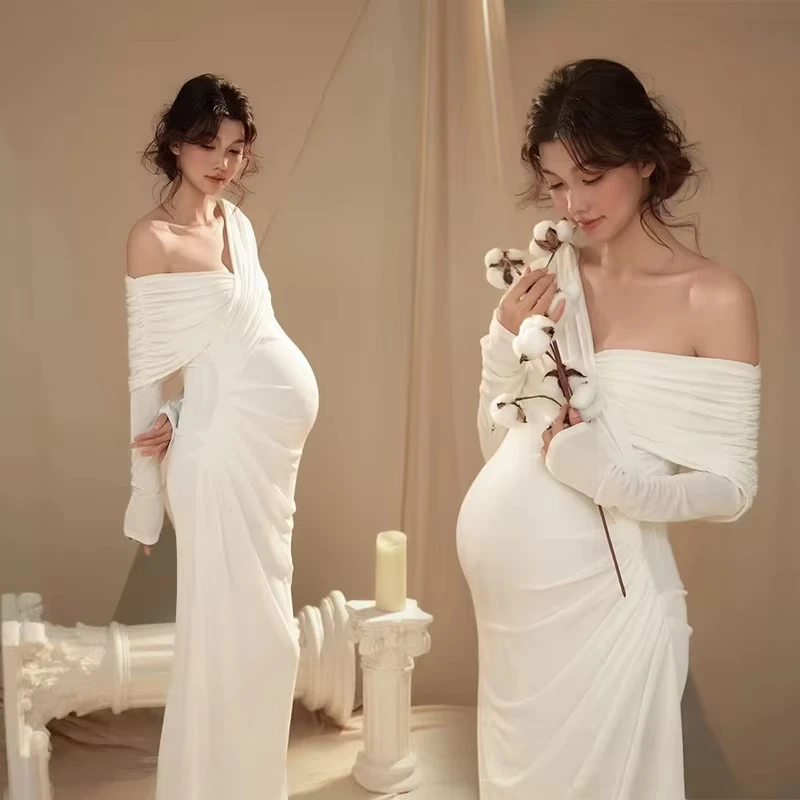 white-one-shoulder-maternity-photography-costume-simple-indoor-shooting-clothes-for-pregnant-women-new-arrival-studio