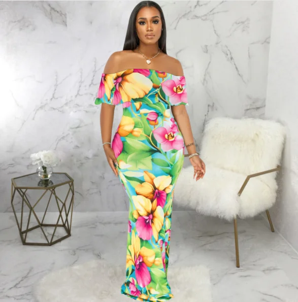 2023 Fashion Sexy Backless Slim Dresses Stretch Floor Length Elegant Maxi Dresses Casual Long Gown Slash Neck Off Shoulder Dress