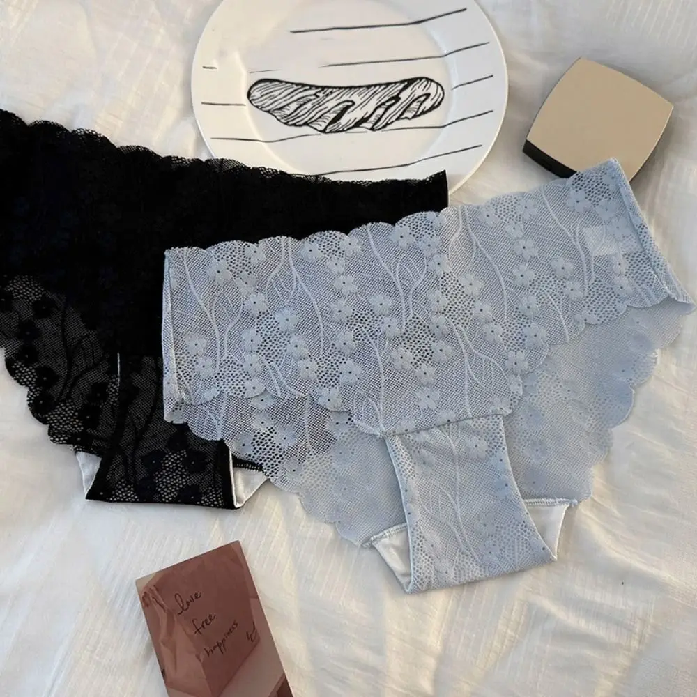 

4Pcs Sweet Mid Waist Mesh Flower Panties Thin Underpants Lace Briefs Cotton Crotch Breathable Underwear for Women Lady