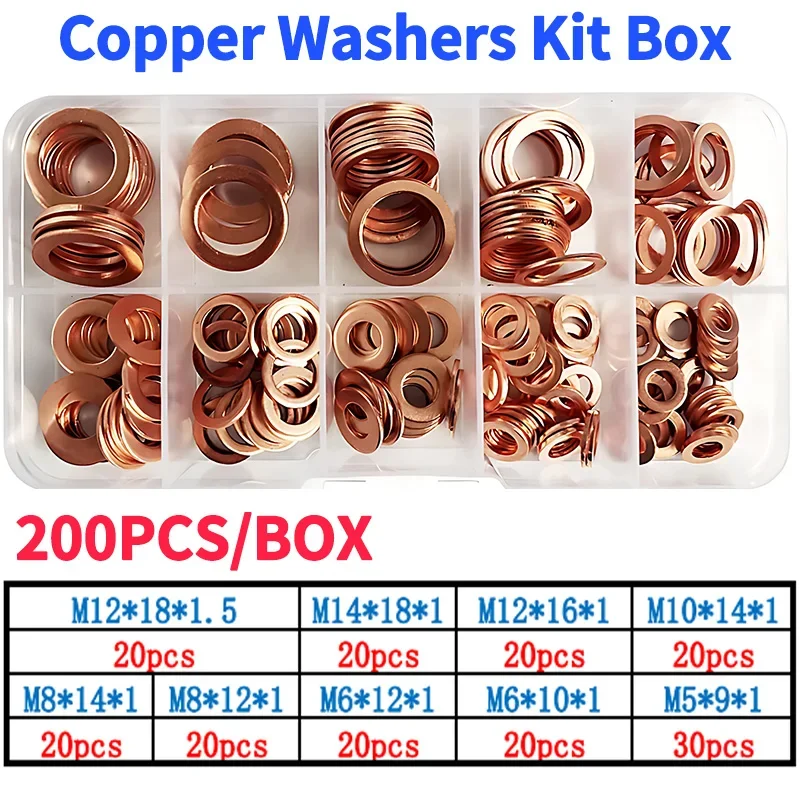 

200Pcs/Box Washer Copper Sealing Solid Gasket Washer Sump Plug Oil For Boat Crush Flat Seal Ring Tool