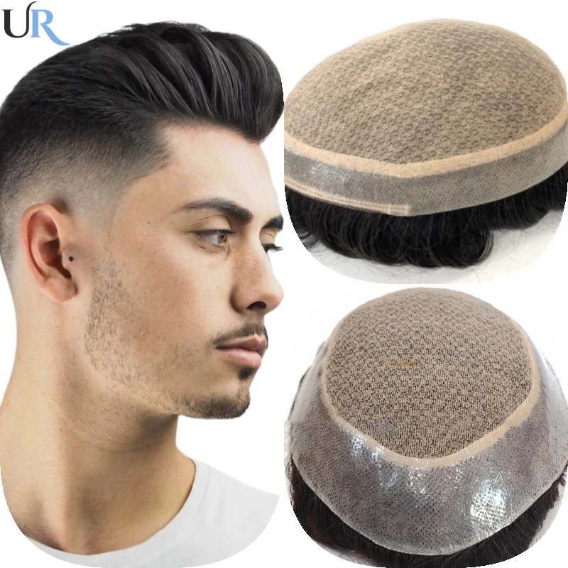 Silk Base With Poly Around Men Toupee Natural Scalp Looking Bleached Knots Natural hair Replacement Toupee Wigs