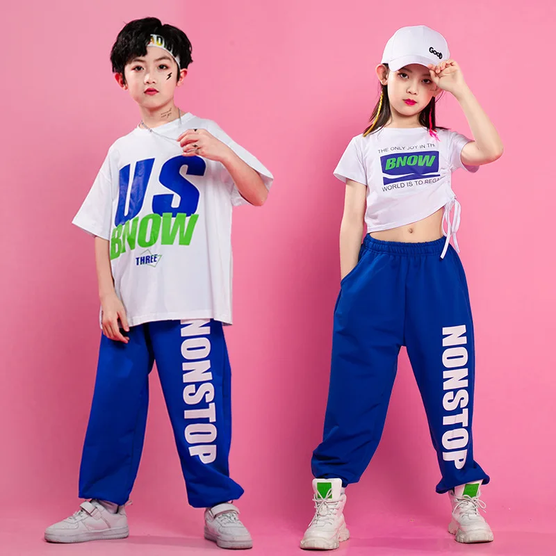 Hip Hop Girl Dance Clothes Summer White Crewneck Letter Print T-shirt Tops Blue Sweatpants 2pcs Boys Stage Costumes Kpop Outfits