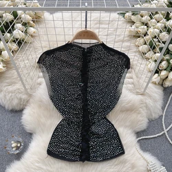 Women Chic Ruffle Sheer Mesh Rhine Stone Sleeveless Crop Top Slim Sexy Korean T-shirt Fashion O Neck Autumn Women Shirt