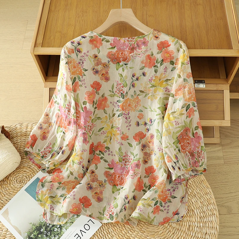 Summer Lightweight V-Ne Casual Sle Polyester Linen Blend Floral Open Cardigan ort Sve High Quali Women's irt