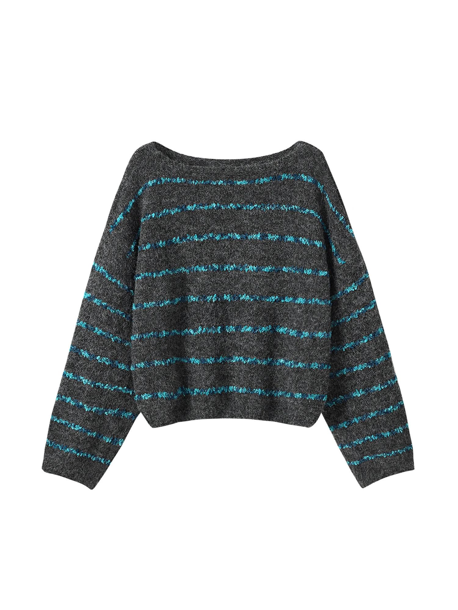 

Женский серый полосатый пуловер, свитер, винтажный джемпер 2000-х годов Y2k, трикотаж, свитер с длинными рукавами и круглым вырезом, блестками, весенне-осенняя одежда