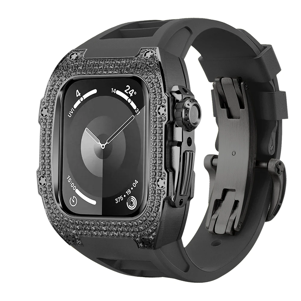 For Apple Watch Mod Kit 44/45mm Luxury Diamond Stainless Steel Inlaid Accessories Blackband Trend Apply toseries 9/8/7/6/5/4