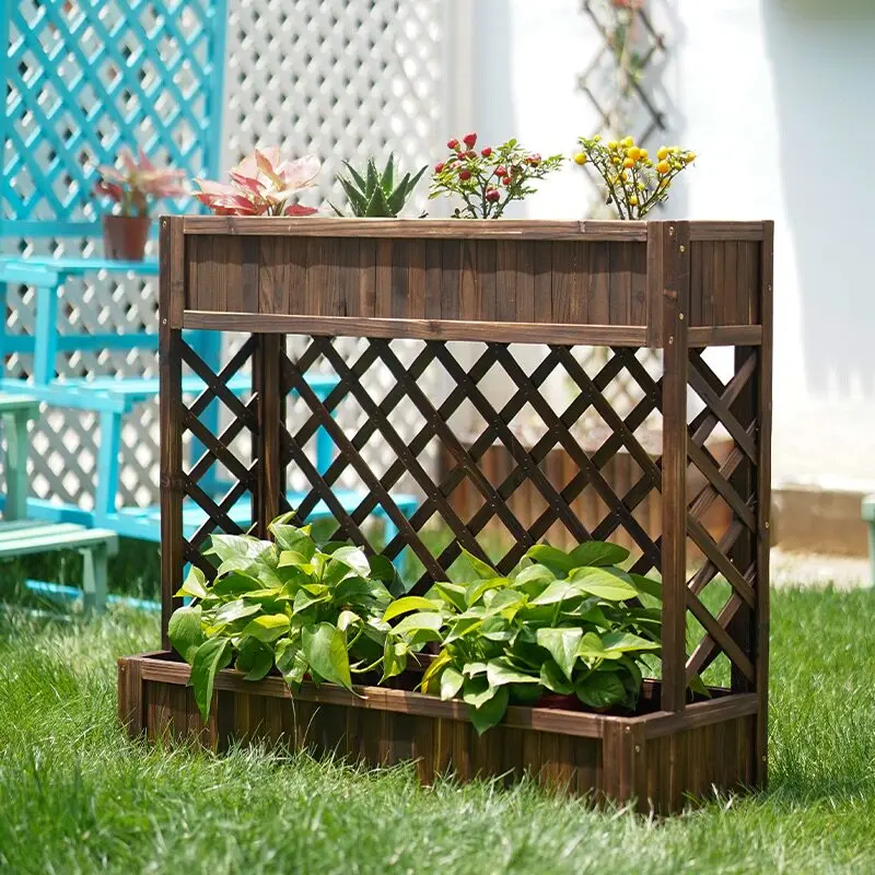 Antiseptic wood flower pot Outdoor partition Solid wood climbing vine flower box Carbonized wood flower stand Outdoor planting