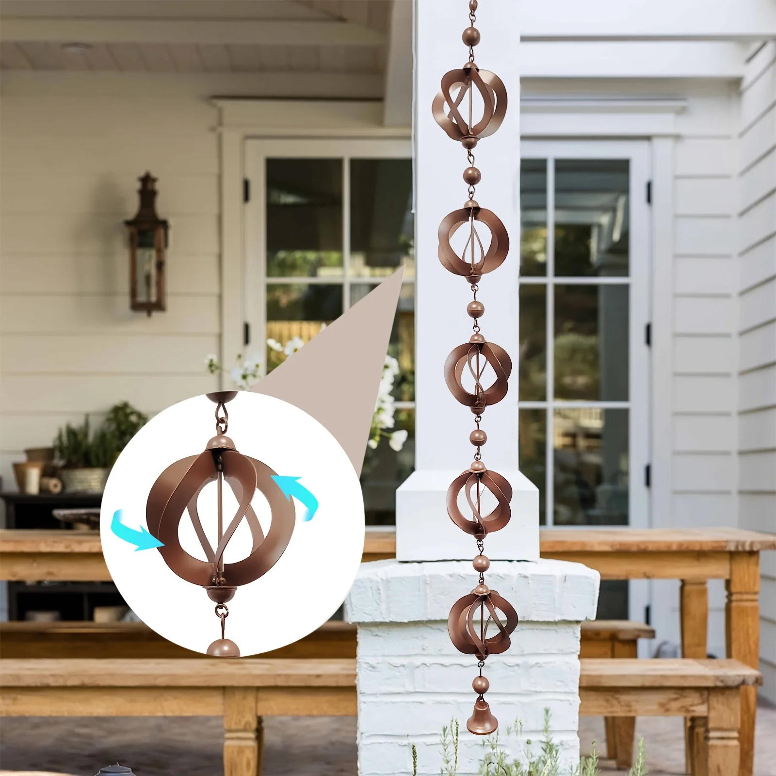 Chaîne de pluie en fer de 46.4 pouces, décor de gouttière, Drainage d'eau extérieur résistant aux intempéries avec cloches pour jardin, cour, Patio, 1 pièce