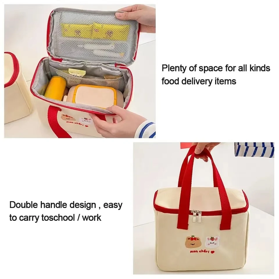 Cute Lunch Bag Large Capacity Canvas Anti-cooling Handbag Aluminum Foil Insulated Food Box Office Worker Portable Bento Bag