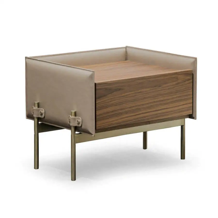 

Modern Nightstand Dark Wood & Brown Leather Accent Bedside Table with Metal Frame 1 Drawer Bedroom Storage Cabinet