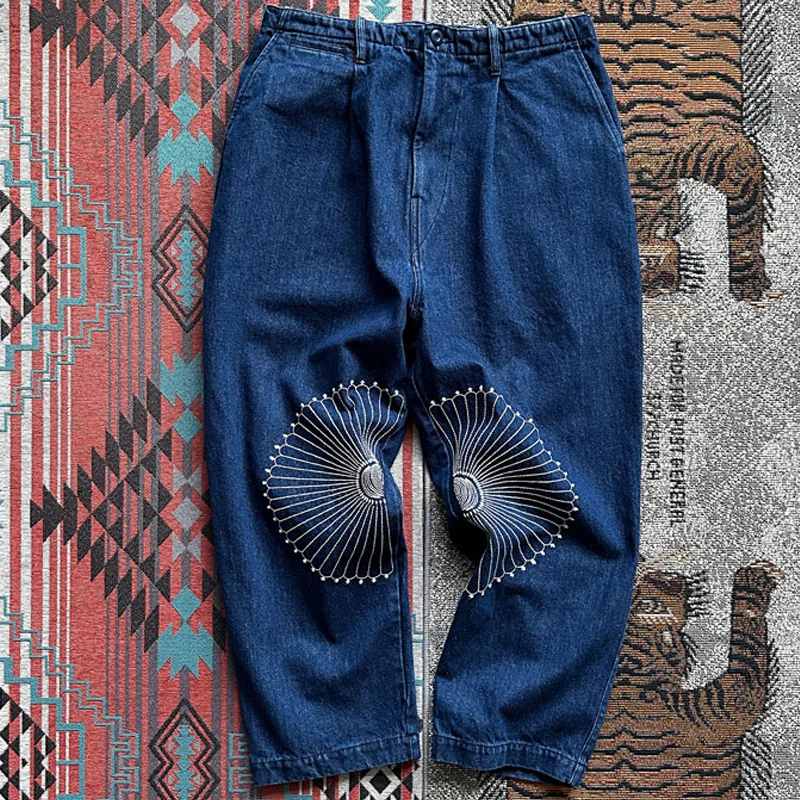 Japanese Retro Ethnic Style Craftsmanship Embroidery Pattern Washed Denim Jeans Men's Loose Wide Leg Chrysanthemum Pants