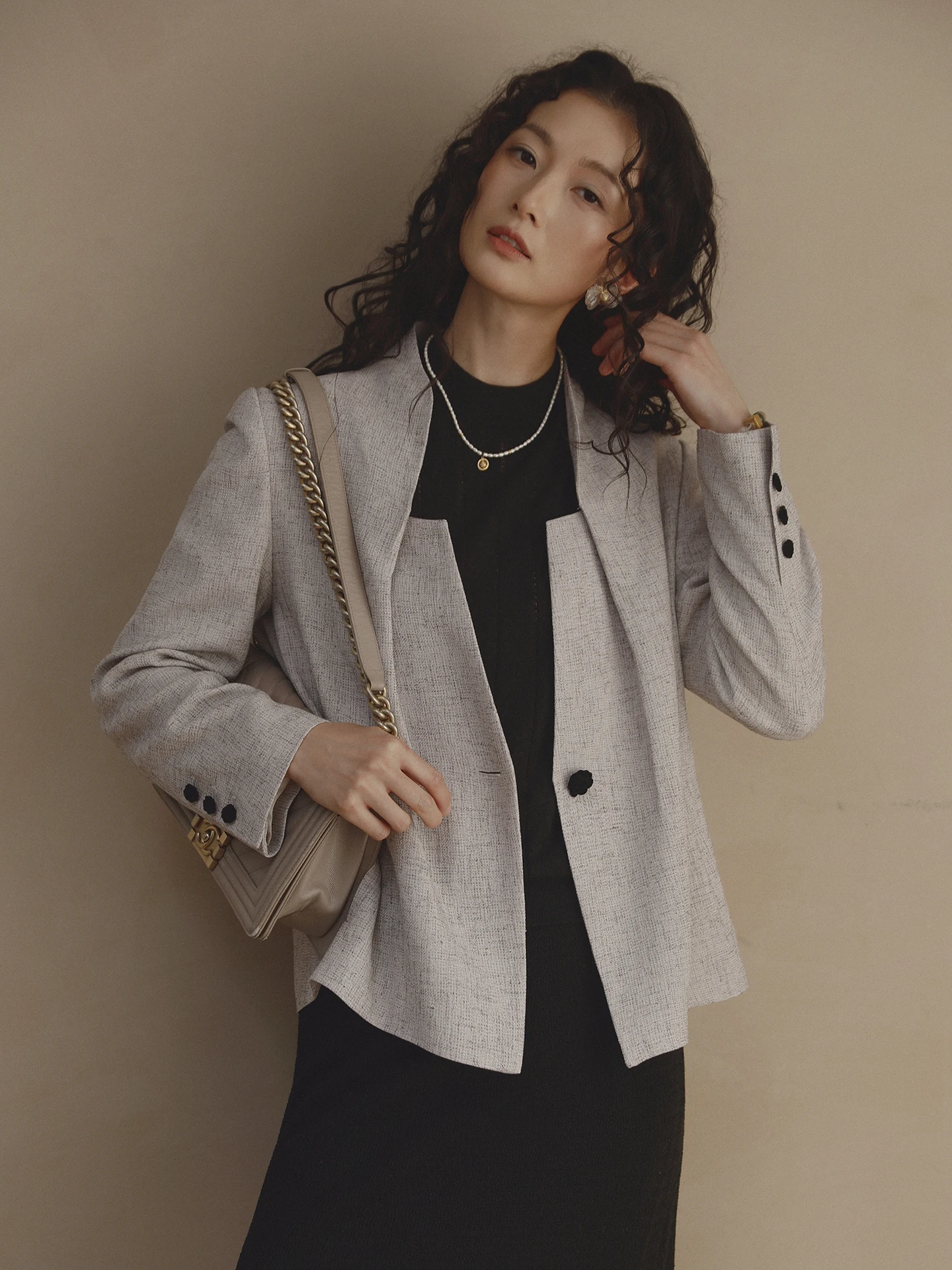 

New Chinese Sle Tailored ort Suit Jaet oulder Pad Knot Pattern Waist Inward Design Tee Colors Versatile Women's Coat