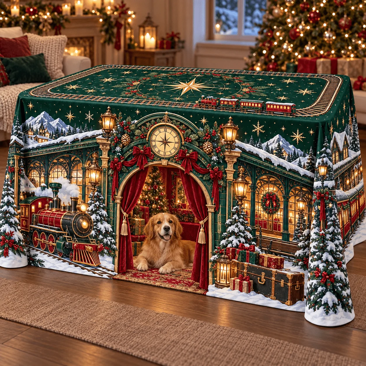 1 doggy door tablecloth, dark green base color with golden retriever, vintage train and red curtain arched print