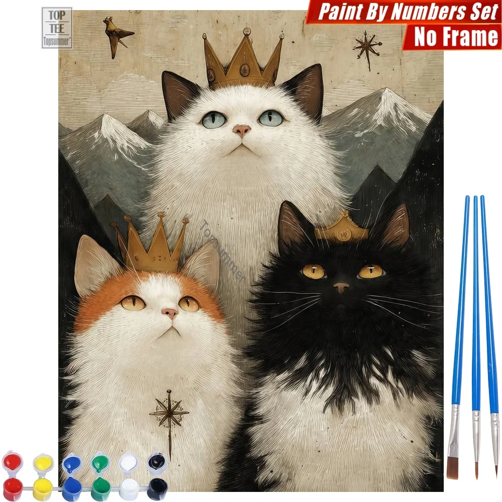 

Crowned Cats Sitting Painting By Numbers Set - Cats Mountains Birds Canvas Wall Art Valentine's Day Gift For Girlfriend