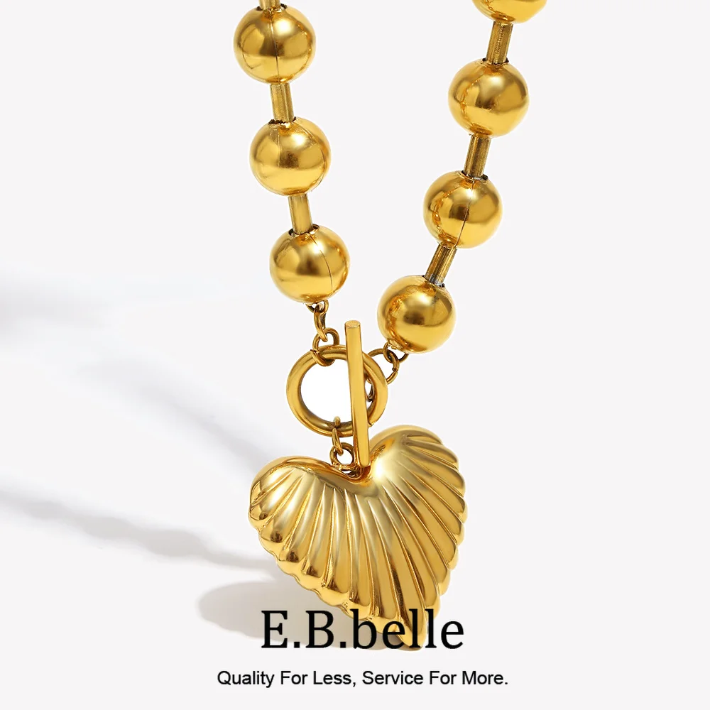E.B.belle Striped Heart Necklace OT Buckle Large Size Round Beads Chain 18K Gold Plated Stainless Steel Women Jewelry