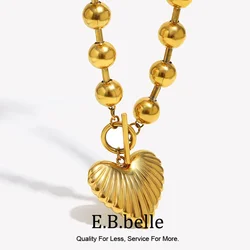 E.B.belle Striped Heart Necklace OT Buckle Large Size Round Beads Chain 18K Gold Plated Stainless Steel Women Jewelry