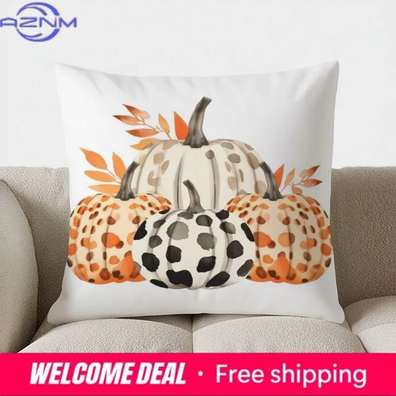 Home Decor Pumpkins with Spots and Autumn Leaves Pillow Pattern Cushion Cover Suitable for Sofa Bedroom Car Pillow Cover