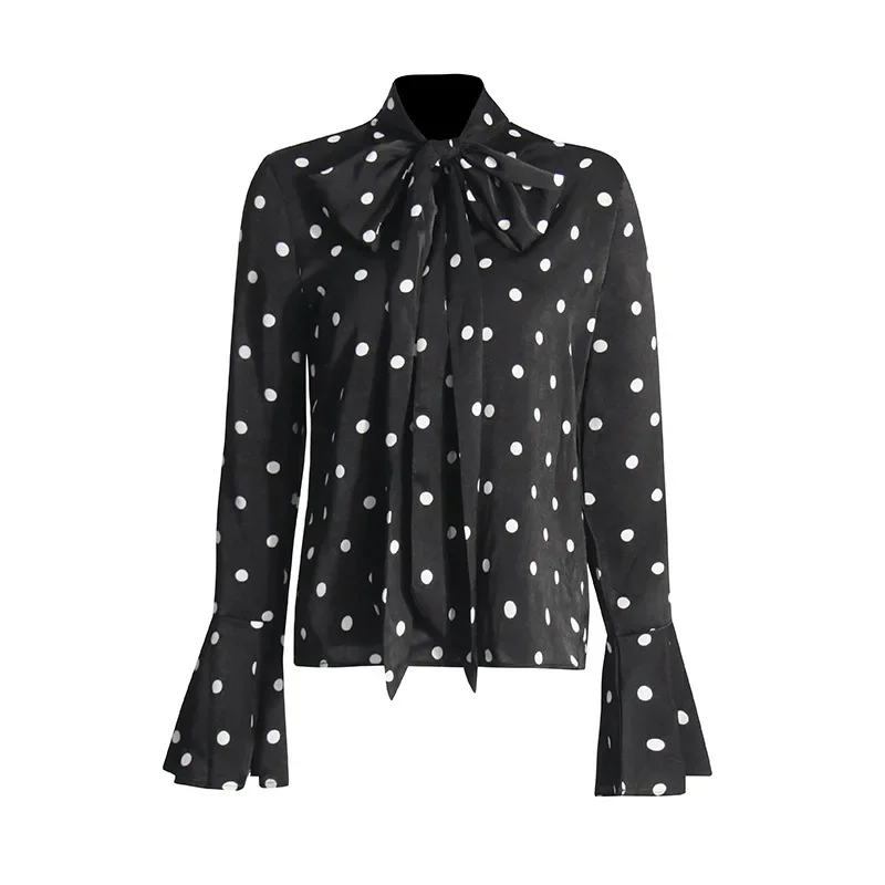 

SuperAen Korean Style Trumpet Sleeve Shirt 2024 Autumn New Polka Dot Print Design Ribbon Mesh Shirt