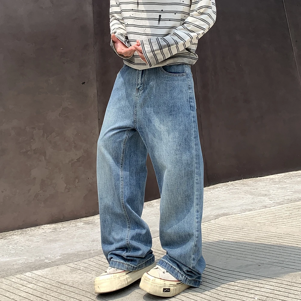 

American Retro Blue Jeans for Men,straight Leg, Loose Fit, Wide Leg,versatile,casual and Trendy, with A Hanging and Relaxed Feel