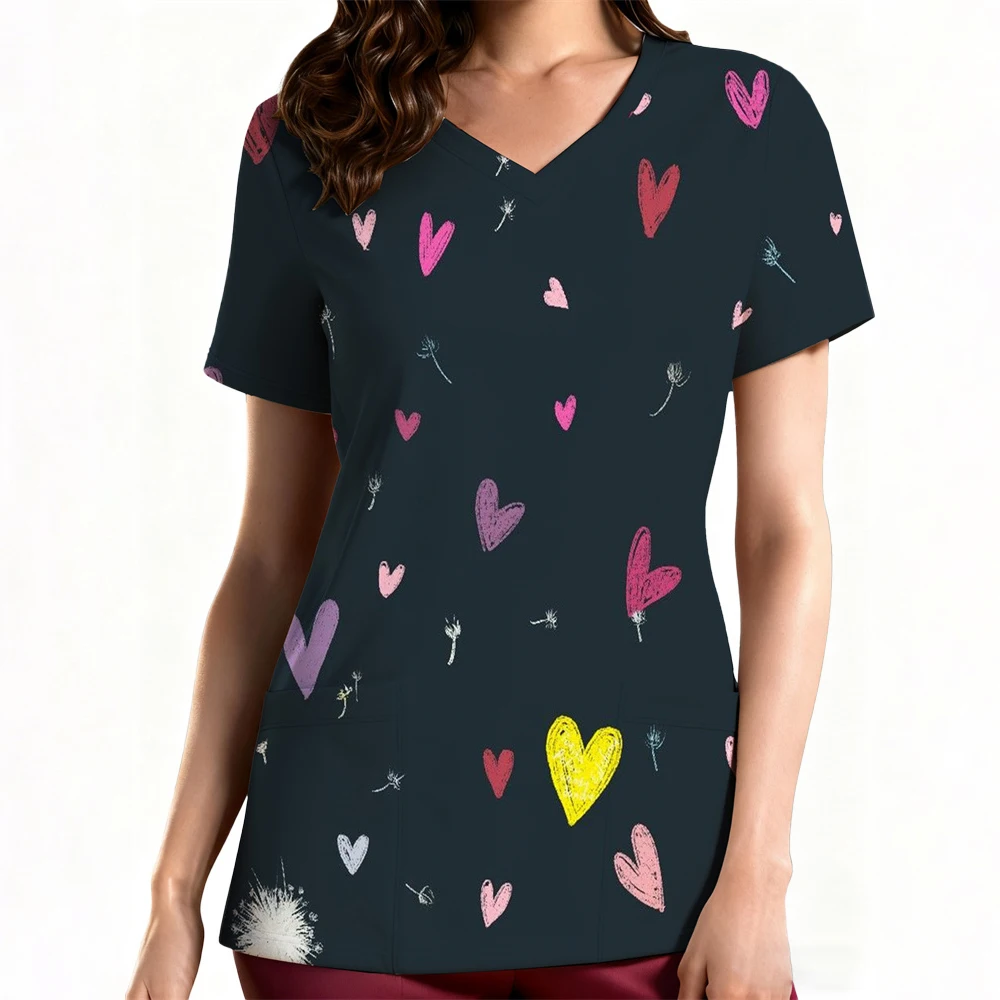 المرأة العمل موحدة ابتسامة القلب طباعة قصيرة الأكمام الخامس الرقبة جيب تصميم القمم الدعك الزي الطبي السريري بلوزة نسائية