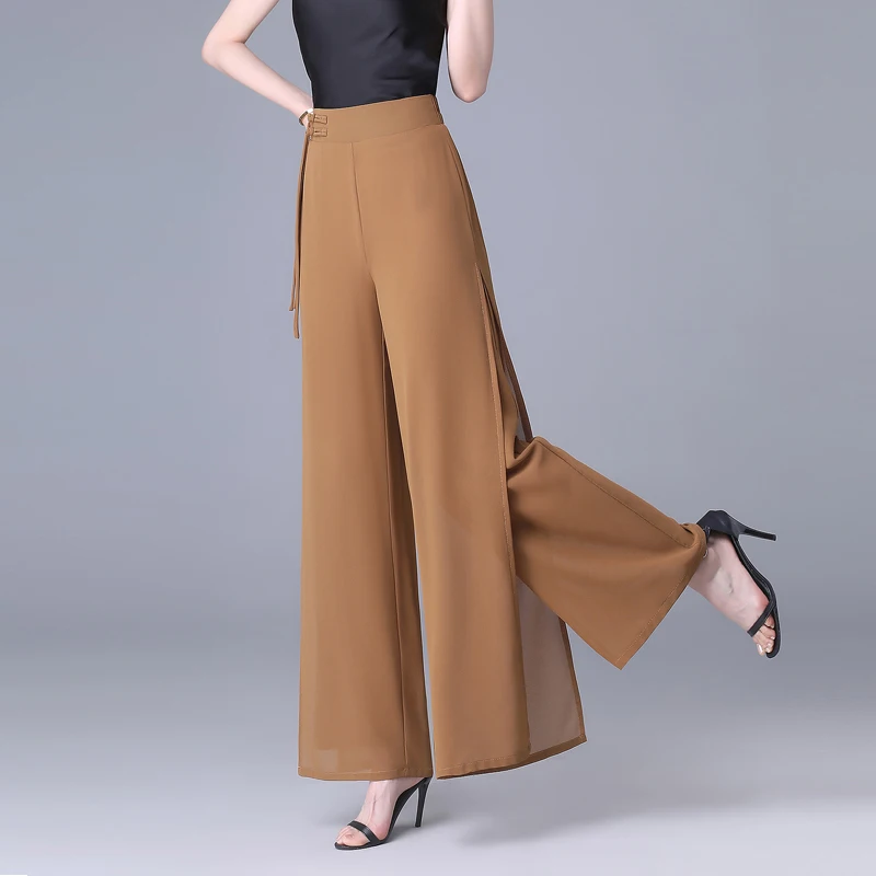 Summer 2025 Women's High Waist Chiffon Wide Leg Pants Draped Double Layer Split Dance Ethnic Sle Casual Pants