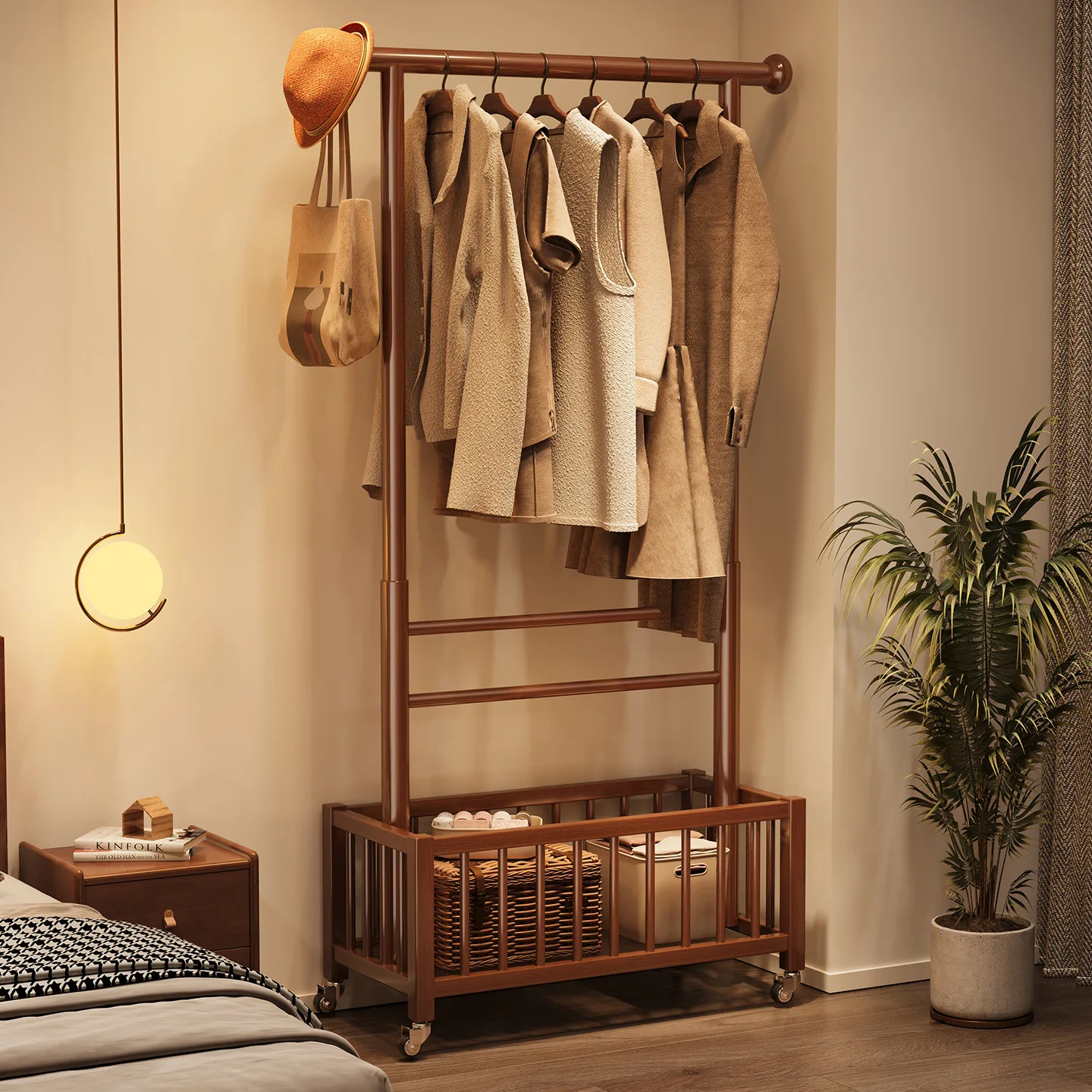 Solid wood hanger floor-to-ceiling bedroom movable vertical hanger household clothes storage dirty clothes basket integrated