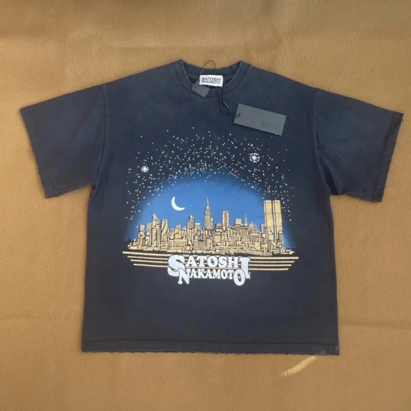 2026ss Men Women Casual Oversized Tee Letters Print Satoshi T Shirt Washed Black Cotton T-Shirt Summer
